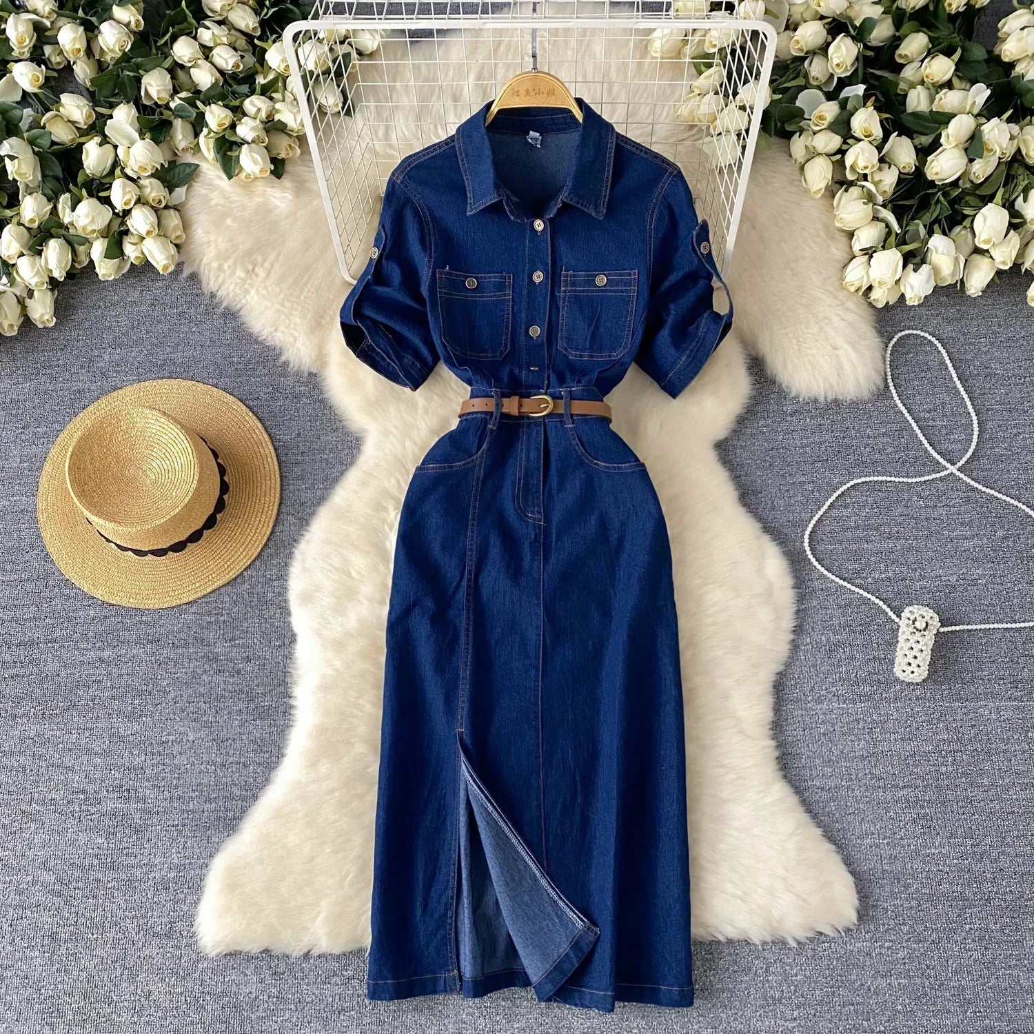 Women's Denim Dresses Polo Neck Short Sleeve Summer Mid Length Vestidos High Waist Belt Elegant Streetwear Y2k Summer.