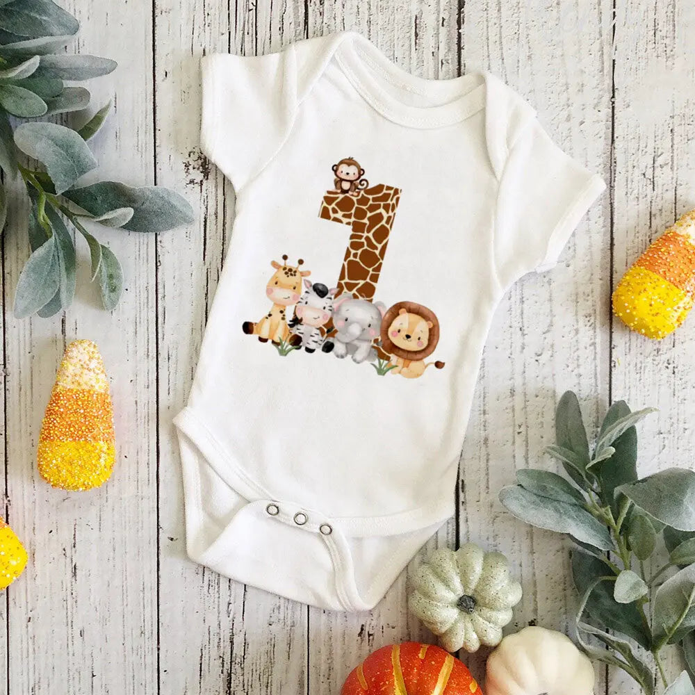 Wild One Birthday Baby Bodusuit Safari Animals Printed Romper Infant 1st Birthday Jungle Party Outfit Jumpsuit Baby Shower Gift