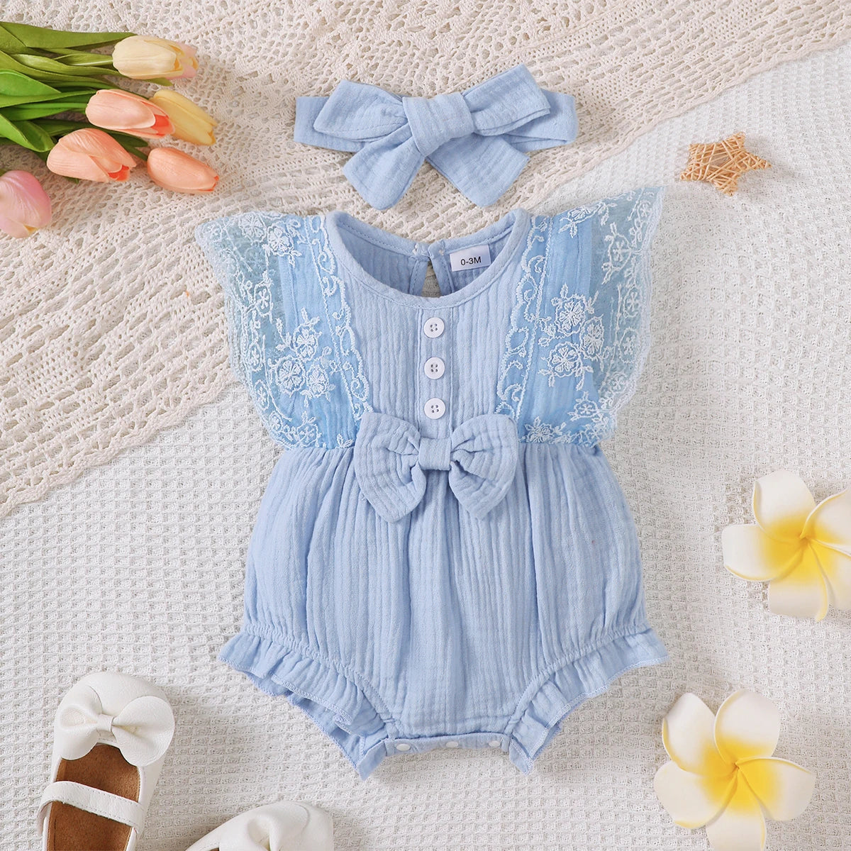 Baby Girl Romper Plain Soft Bodysuit Lace Sleeveless Onesie+Headband 0-18Months.