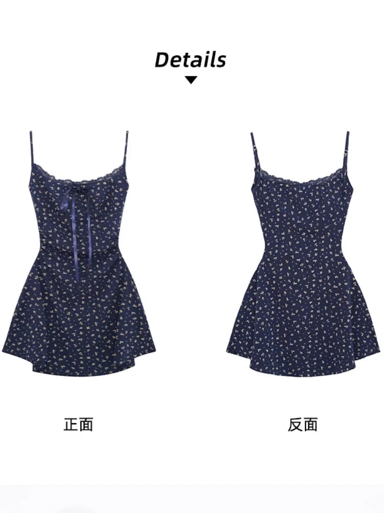 Blue suspender floral mini dress summer + cardigan French vintage Y2K 2 piece.