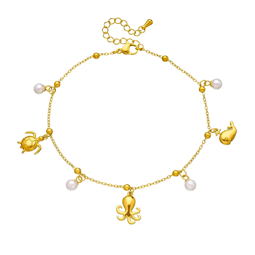 Stainless Steel Butterfly Whale Octopus Crab Pearl Anklets For Women-Waterproof.