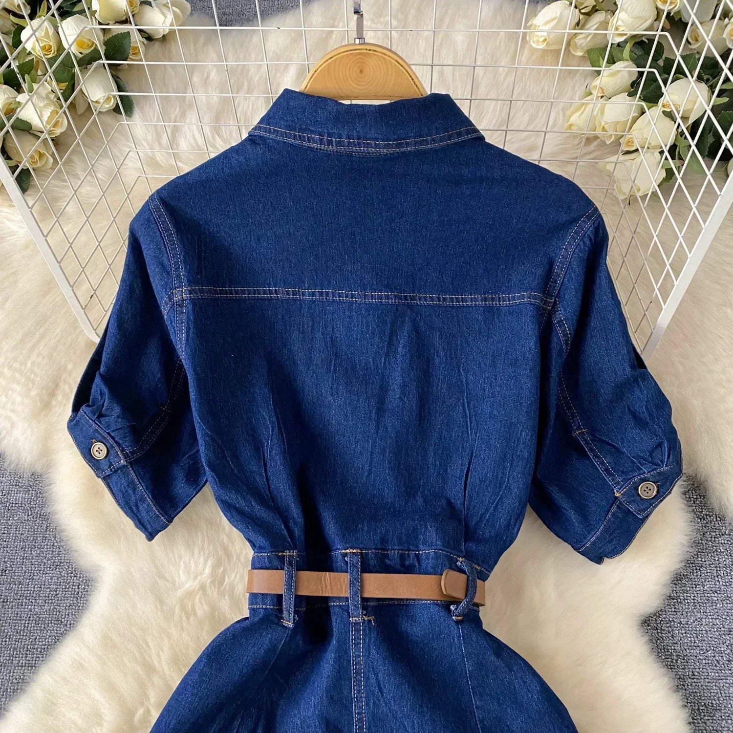 Women's Denim Dresses Polo Neck Short Sleeve Summer Mid Length Vestidos High Waist Belt Elegant Streetwear Y2k Summer.