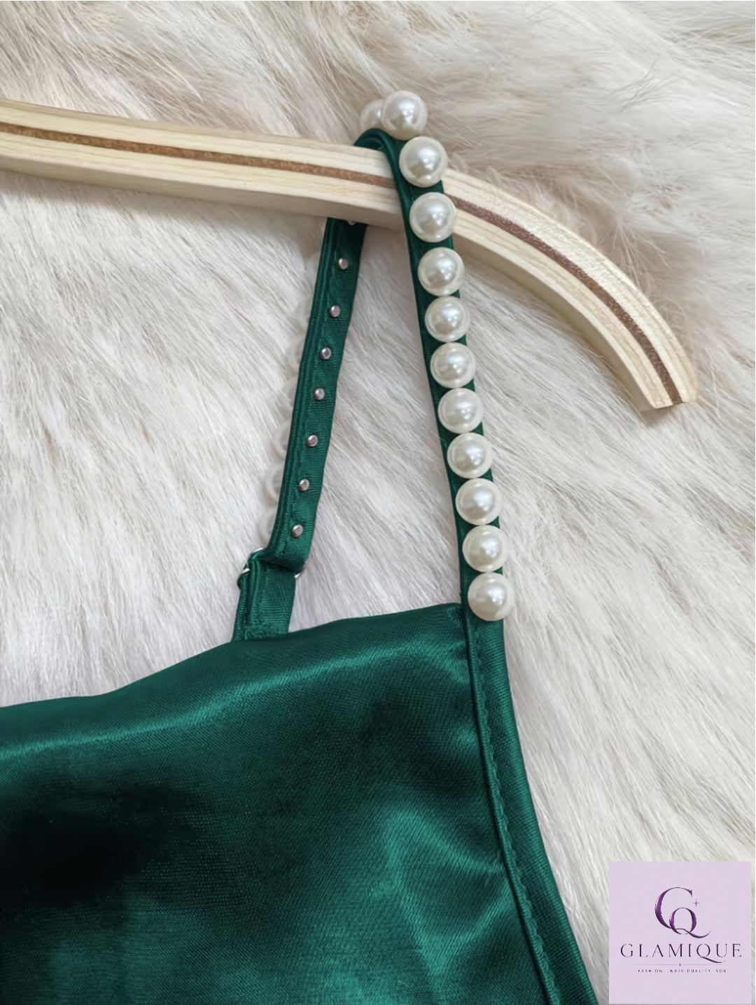 Emerald Pearl-Strap Satin Maxi Dress