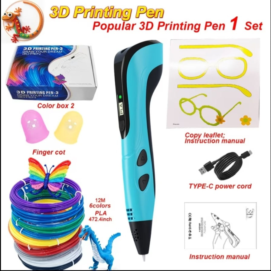 3D Printing Pen Set – 6-Color PLA Filament, LCD Display & Finger Sleeves