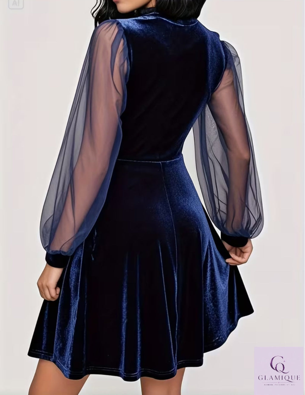 Midnight Velour Mesh-Sleeve Fit & Flare Dress – Navy
