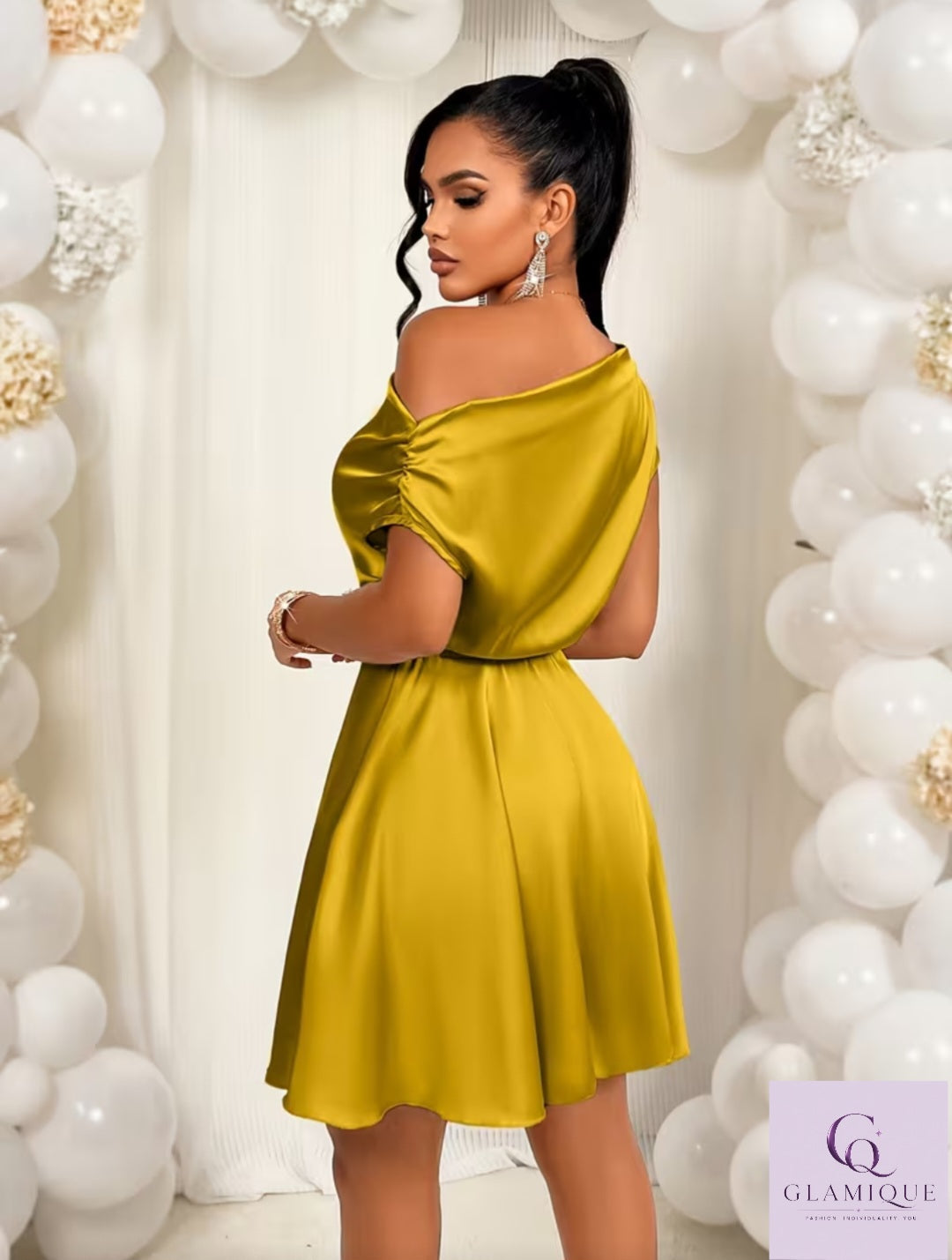 On Request- One-Shoulder Off-Shoulder Satin Mini Dress