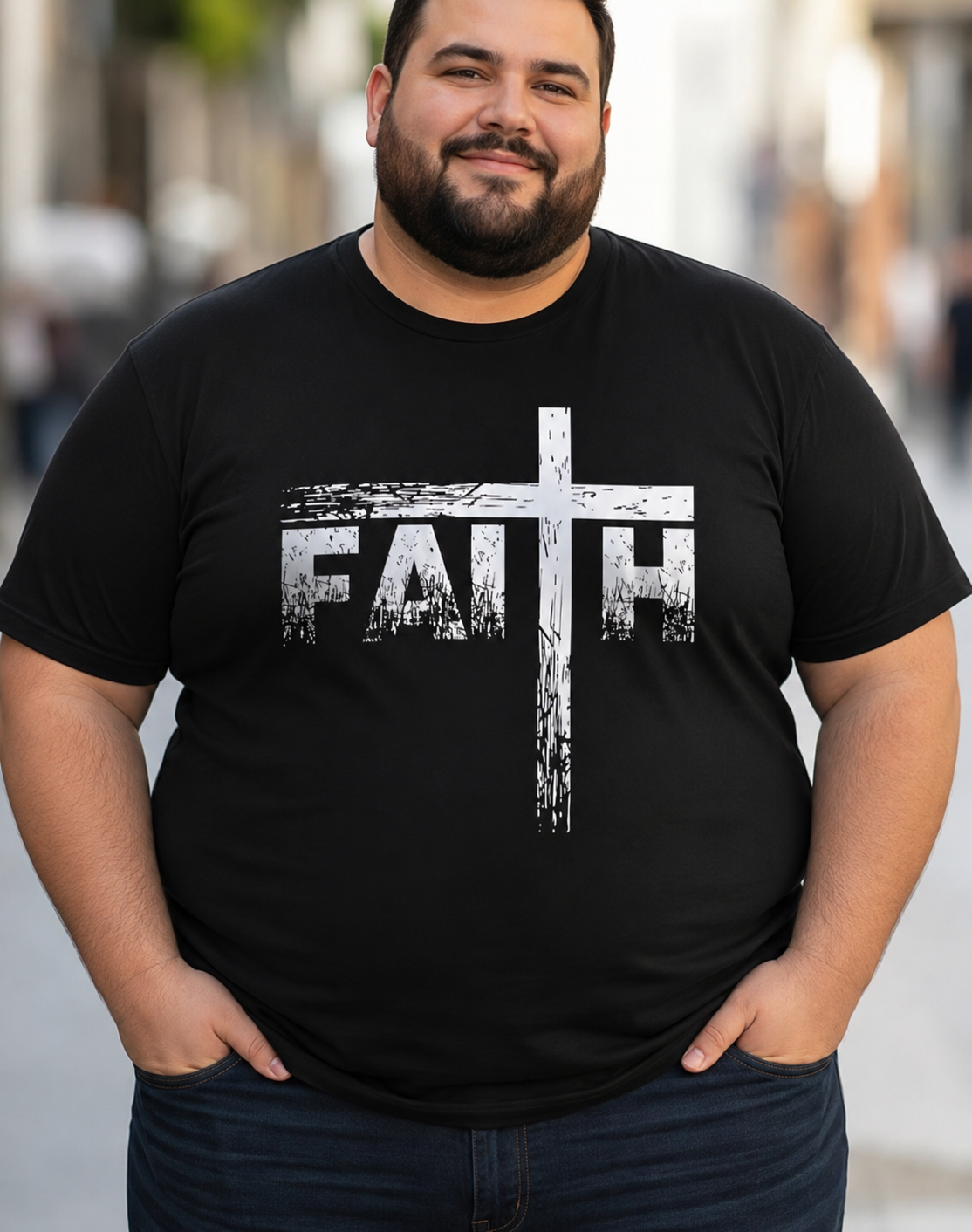 Plus Size Unisex FAITH cross print short sleeve T-Shirt.