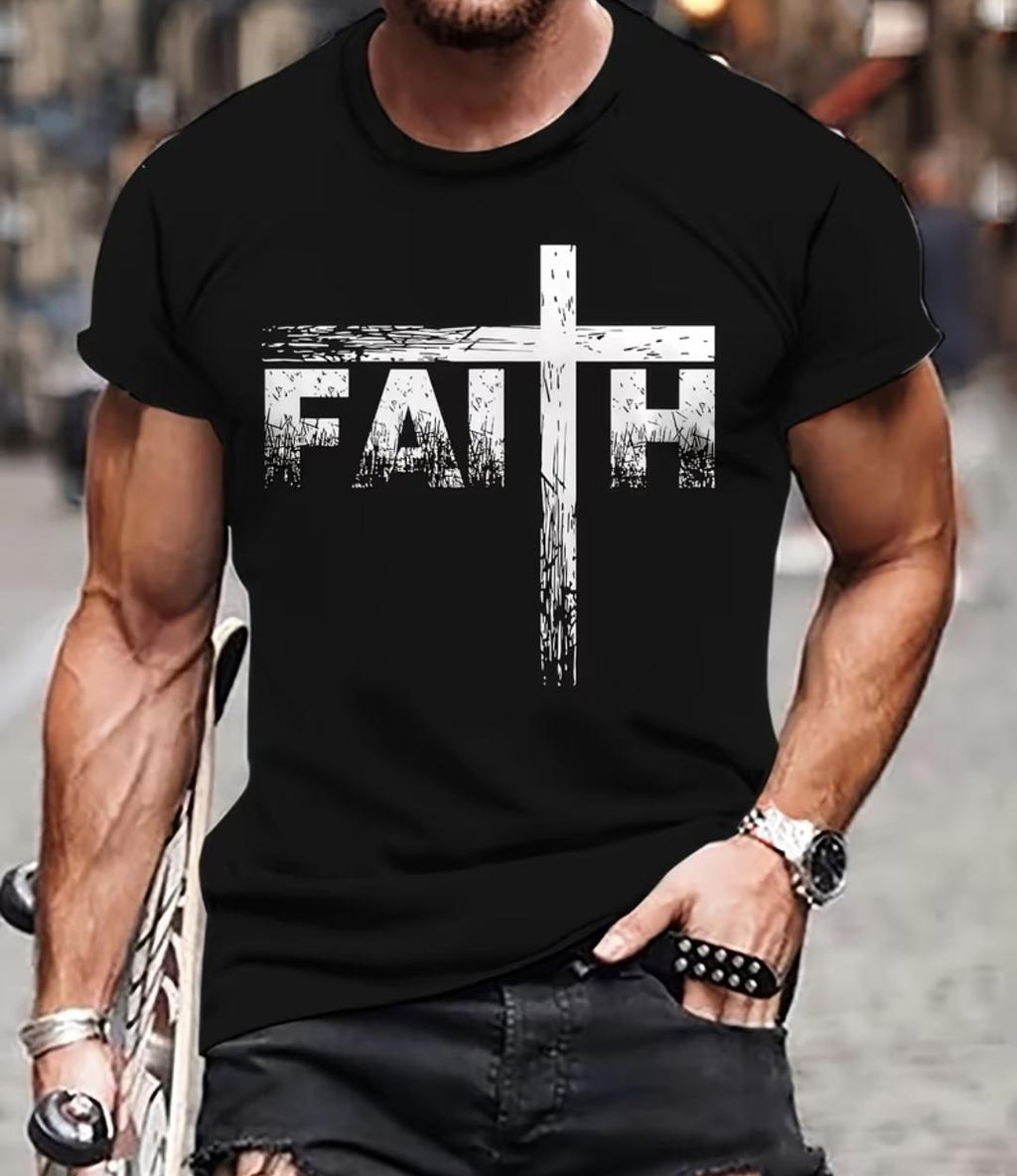 Unisex Adults FAITH cross print short sleeve T-Shirt.