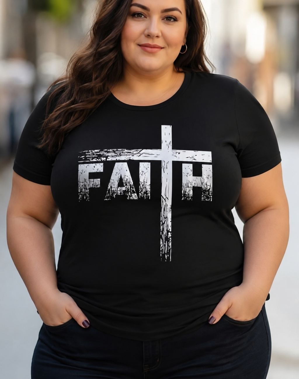Plus Size Unisex FAITH cross print short sleeve T-Shirt.