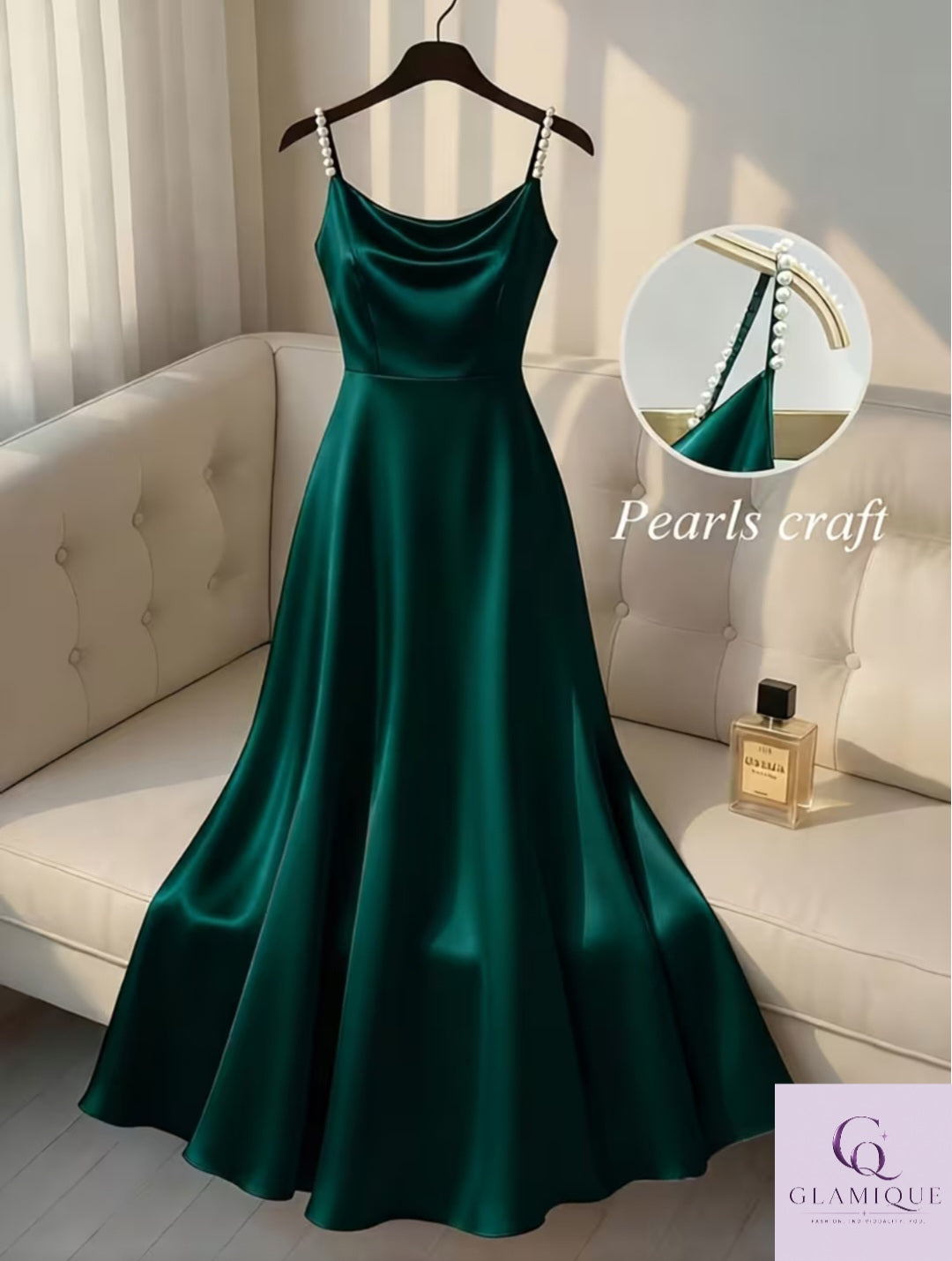 Emerald Pearl-Strap Satin Maxi Dress