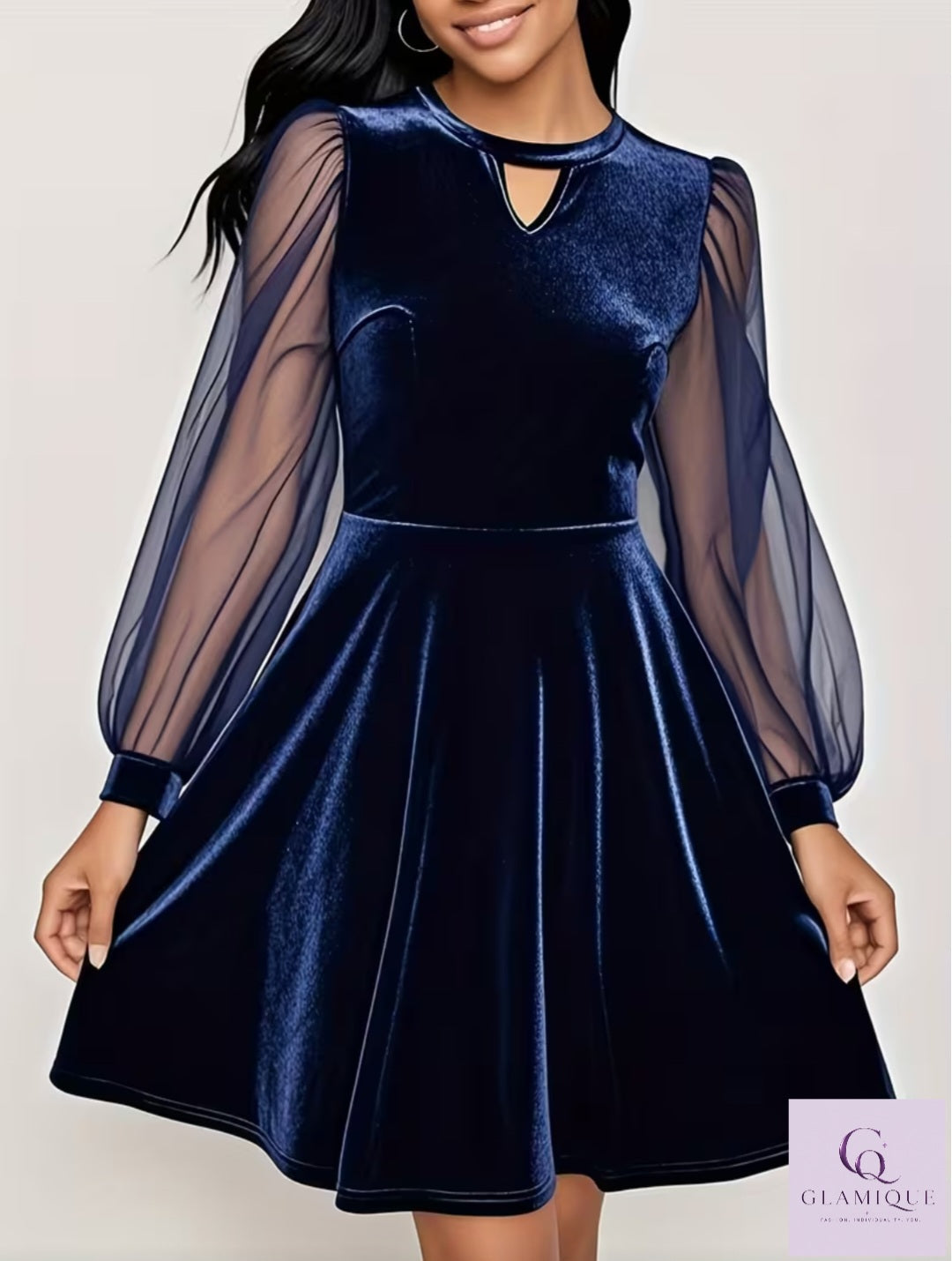 Midnight Velour Mesh-Sleeve Fit & Flare Dress – Navy