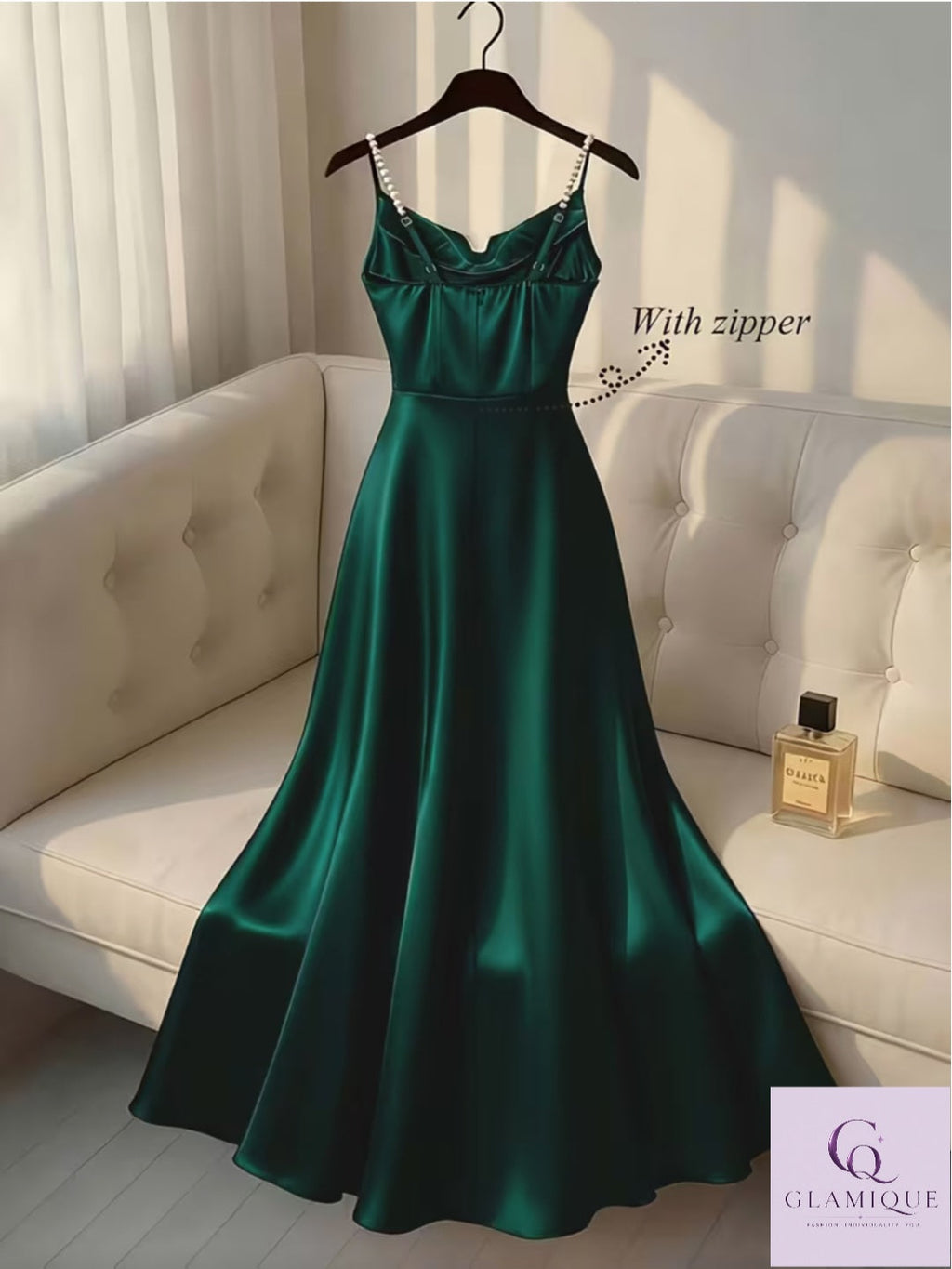 Emerald Pearl-Strap Satin Maxi Dress