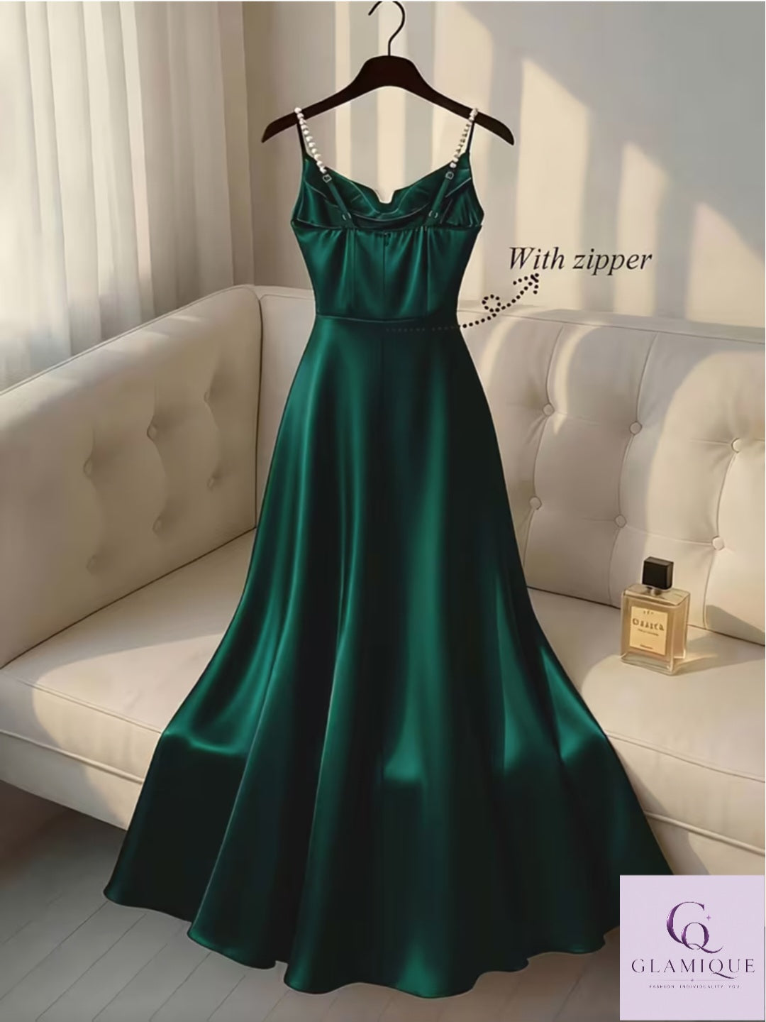 Emerald Pearl-Strap Satin Maxi Dress